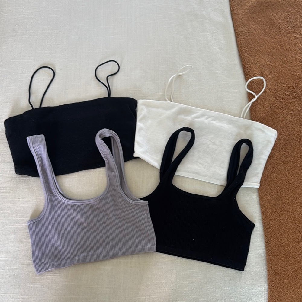 Set of Four Ribbed Crop Tops - Black, White, Gray